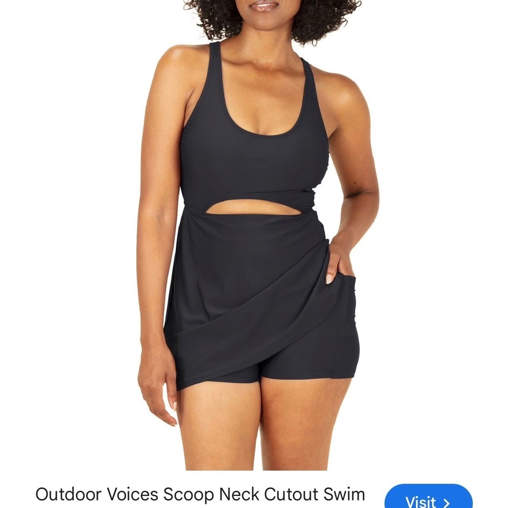 Outdoor Voices Scoop Neck Swim Dress Women Large Black NEW Cutout Built-in Short